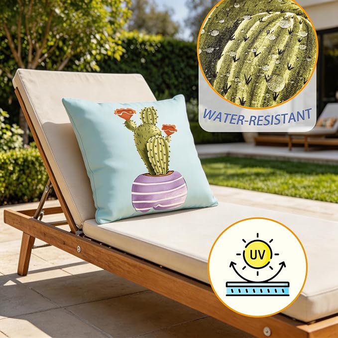 18" Outdoor Throw Pillows Set of 4, Waterproof&Fade Resistant Patio Furniture Pillows with Built-in Inserts, All-in-One Light Blue Cactus Print Design for Sofa, Patio or Backyard Relaxation