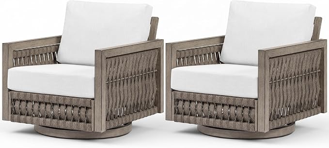 2 Pieces Patio Swivel Chair, Rope Weave Outdoor Chair with Widened Armrests & Thick Cushions, All-Weather Never-Rust Aluminum Deep Seating Armchair for Garden, Porch, Deck, Gray Oak