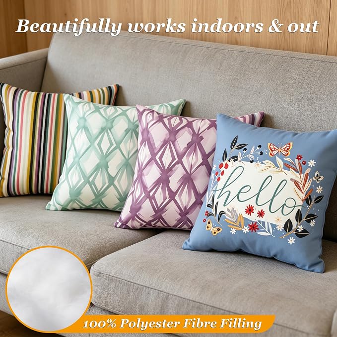 18" Outdoor Throw Pillows Set of 4, Waterproof & Fade Resistant Patio Furniture Pillows with Built-in Inserts, All-in-One Blue Hello Print Design for Sofa, Patio or Backyard Relaxation