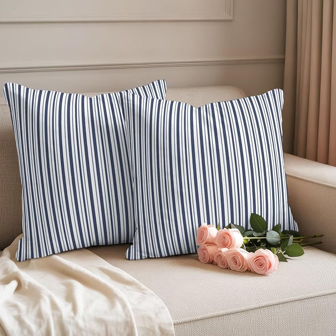Navy Blue Vertical Stripes Waterproof Outdoor Pillow Covers Set of 2 Home Decor, Pinstripes Apricot Lines Pillowcase Patio Pillow Covers for Couch Bench Patio Furniture Garden 26x26in