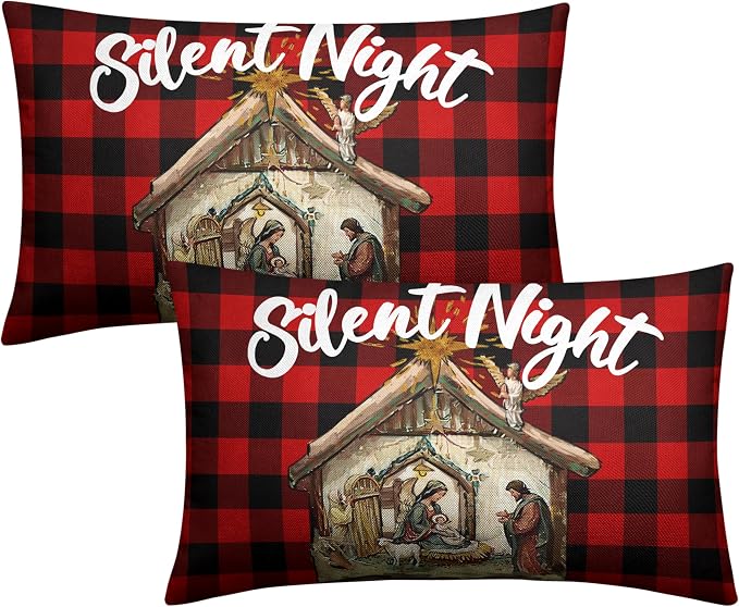 Jesus Nativity Lumbar Pillow Case 12x20 Set of 2 Red Buffalo Plaid Christmas Rectangle Pillow Covers Xmas O Holy Night Silent Night Waist Pillow Covers for Living Room Couch Bedroom