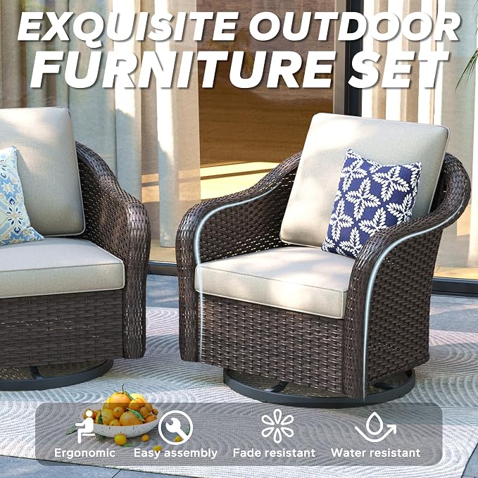 5 PCS Outdoor Conversation Set | 55" Couch, 2 Swivel Chairs, 2 Ottomans, Patio Wicker Conversation Furniture with Removable Cushions for Bistro, Deck, Sunroom (Beige)
