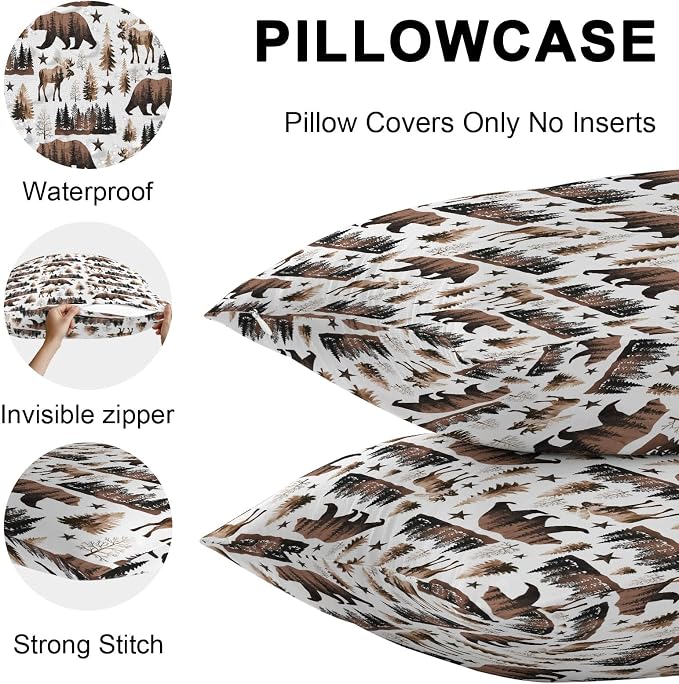 Brown Bear Elk Cabin Outdoor Pillow Covers 24x24 Inch Throw Pillow Covers Set of 2 Waterproof Decorative Pillow Cases Farmhousee Pine Tree Forest Cushion Covers for Patio Furniture Garden Couch Sofa