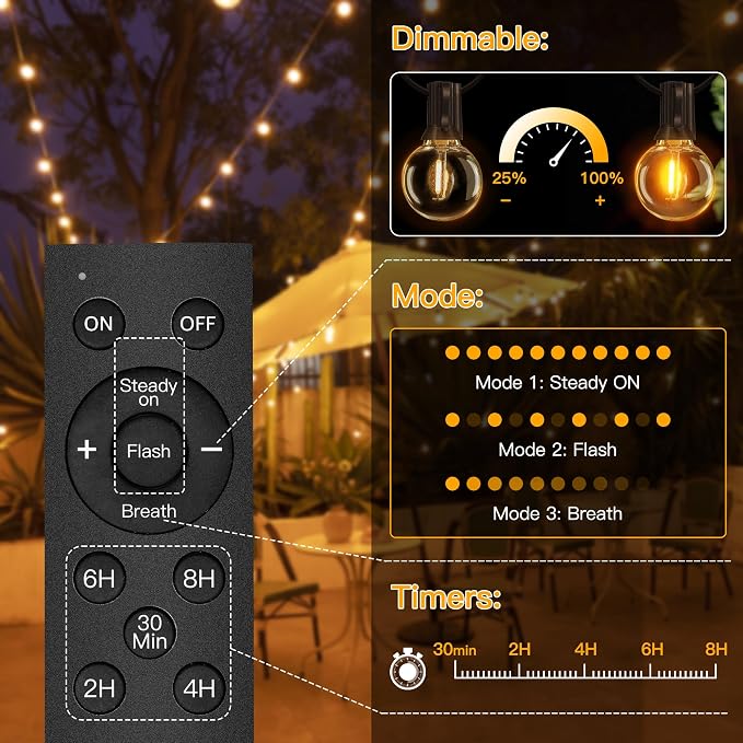 Ollny 2 Pack 60FT Solar Lights Outdoor, Waterproof Remote Control Dimmable Timers 3Modes String Light with 25 LED + 2 Spare Shatterproof Bulb, G40 Patio Lights for Outside Garden Yard Fence Porch