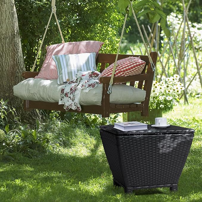 VINGLI Outdoor Side Table with Storage, 13-Gallon Patio Deck Box Outdoor Wicker Side Table for Poolside Balcony Storage Table (Black, Trapezoid)