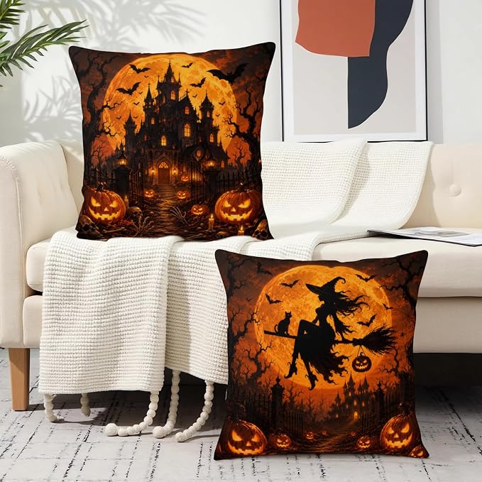 Orange Halloween Pillow Covers 20x20 Set of 2 Spooky Castle Witch Throw Pillow Covers Jack-O-Lantern Pumpkins Decorative Pillowcase for Couch Sofa Indoor Outdoor