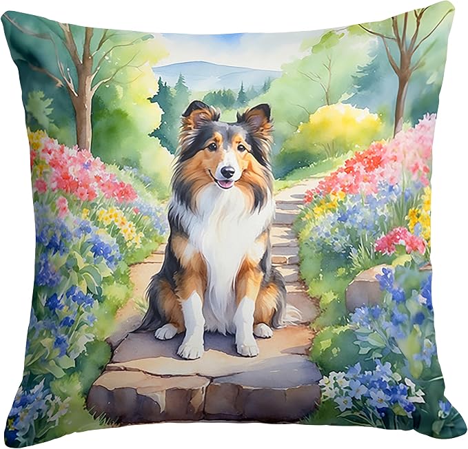 Caroline's Treasures Sheltie Spring Path Throw Pillow Machine Washable, Indoor Outdoor Decorative Pillow for Couch, Bed or Patio, 18Hx18W