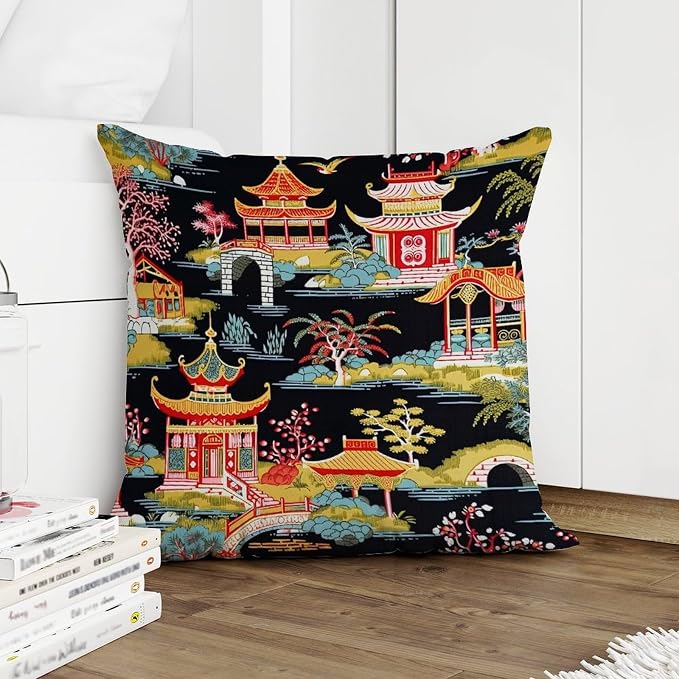 Chinoiserie Charcoal Coral Pagoda Asian Pillowcase Chinoiserie Chic Asian Throw Pillow Covers 16x16 INRetro Accent Throw Pillow Covers Farmhouse Decorative for Sofa Patio Couch
