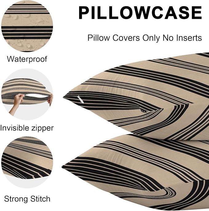 JasmineM Outdoor Pillow Cover Set of 2 Rustic Black Brown Stripes Waterproof Throw Pillow Covers Classic Parallel Lines Decorative Pillowcases Garden Cushion Case for Patio Couch Sofa 20x20 Inch