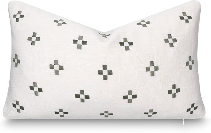 Modern Farmhouse California Casual Indoor Outdoor Lumbar Pillow Cover, 12"x20" Water Repellent for Patio, Backyard, Couch, Poolside, Neutral Green Embroidered Small Squares