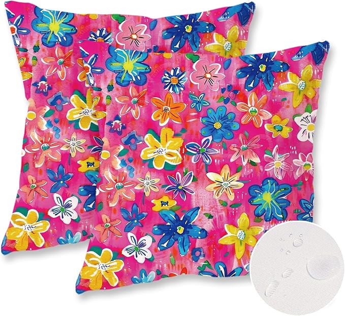 ONWAY Outdoor Floral Pillow Covers 18X18 inch Set of 2 Waterproof Yellow and Blue Flowers Pink Decorative Throw Pillowcases for Patio Furniture Garden Spring Summer Cushion Cover