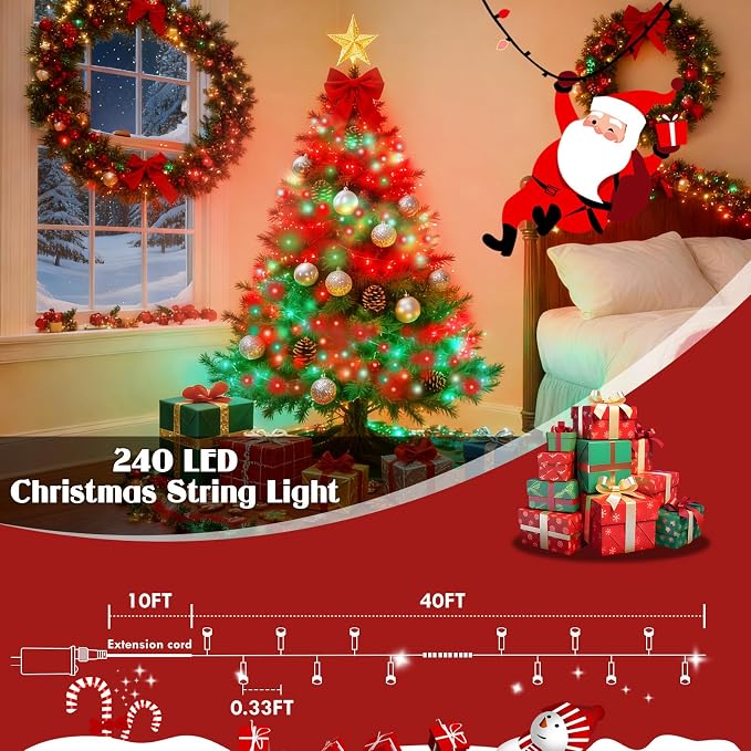 88FT 240LED Extra-Long Connectable String Lights Indoor Outdoor Clear Wire, Red&Green Christmas String Lights, Plug in Twinkle Fairy Light with Timer for Wedding Patio Tree Yard Christmas Decorations