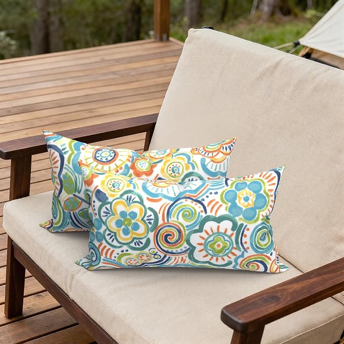 Outdoor Lumbar Pillows, Water Repellent Cushion Pillows 12x20 Inch, Outdoor Pillows with Inserts for Home Garden, Pack of 2, Flower Blue