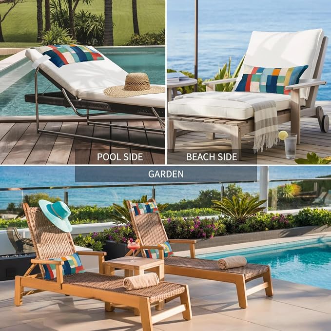 Blue Green Red Outdoor Chaise Lounge Head Pillow with Insert,Vintage Abstract Colorful Block Art Waterproof Headrest Lumbar Pillow Cusion Cover with Elastic Strap for Patio Beach Recliner,11"x16" 1PCS