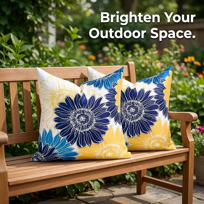 Outdoor Pillow Covers Summer Waterproof Sunflower Throw Pillow Covers 20x20 Decorative Blue Yellow Floral Cushion Covers Square Garden Throw Pillowcase Set of 2 for Patio Furniture Tent Balcony Bench