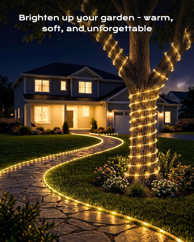 Brightown 4 Pack 39FT 100LED Warm White Solar Rope Lights Waterproof | IP65 waterproof solar fairy lights with 8 lighting modes, solar powered, perfect decor for yard, garden and outdoor tree