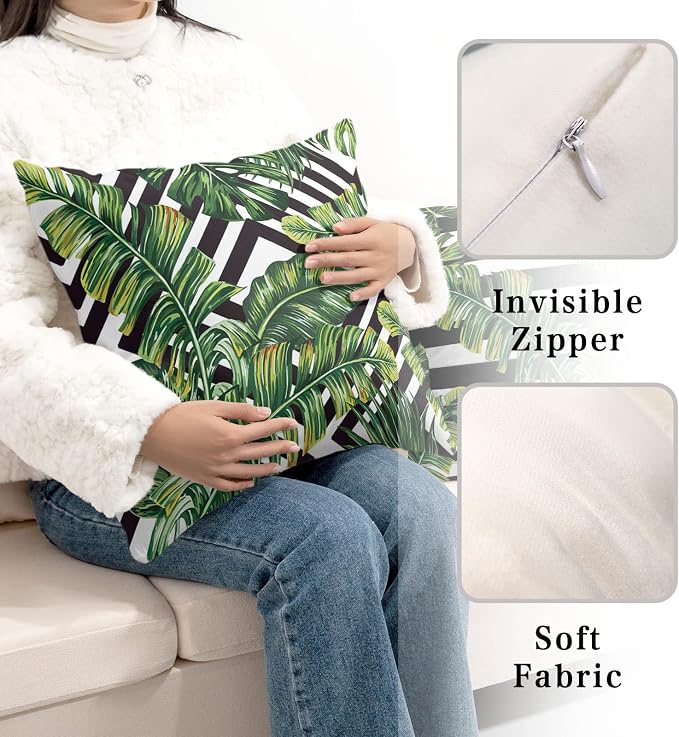 2 Pack Summer Tropical Green Leaves Pillow Covers Jungle Banana Tree Throw Pillow Covers Black and White with Geometric Cushion Covers Beach Decor for Couch Bed 24x24