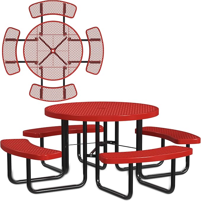Leisure Craft Metal Picnic Table with Bench - 46" Round Outdoor Dining Table for 8 with Umbrella Hole, Weatherproof Heavy Duty Thermoplastic Coating, Commercial Grade Furniture Made in USA - Red