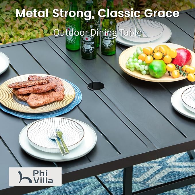 PHI VILLA 7 Piece Patio Dining Set, 60” Rectangular Table, Rattan Chairs | Outdoor Dining Set for 6, Metal Dining Table with Umbrella Hole, Wicker Chairs with Cushions for Patio, Deck, Porch