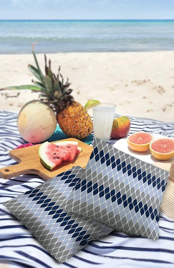 Outdoor Pillows 18x18 Waterproof Outdoor Pillow Covers, Geometic Mid Century Geo Polyester Throw Pillow Covers Garden Cushion Decorative Case for Patio Couch Decoration Set of 2, Navy Blue Grey