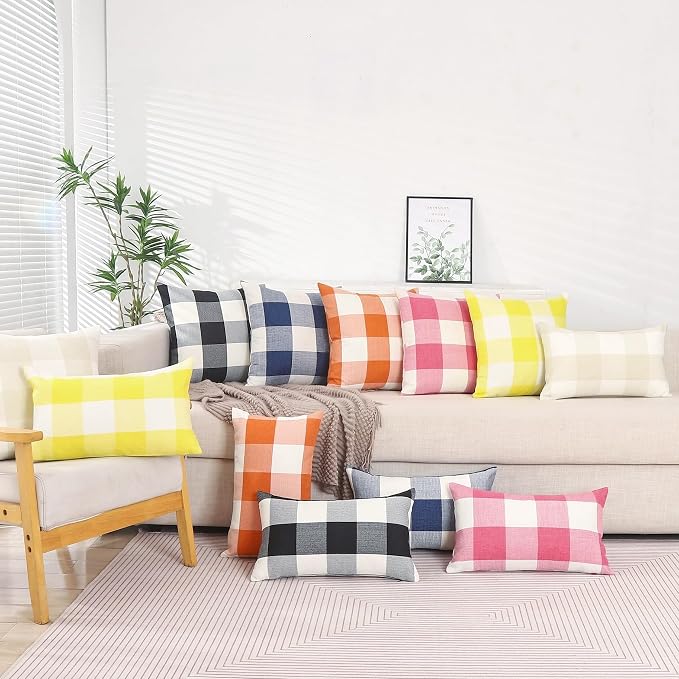 CARRIE HOME Light Pink Buffalo Plaid Lumbar Pillow Covers 12x20 Set of 2, Pink Checkered Pillow Covers 12 x 20 Outdoor Farmhouse Decor for Couch, Sofa and Patio