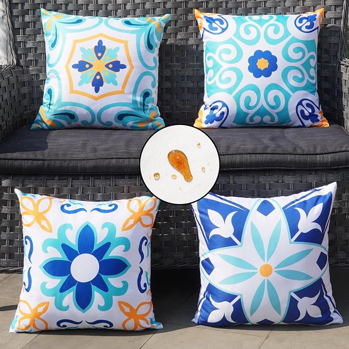 ONWAY Outdoor Boho Pillow Covers Waterproof 18x18 Set of 4 Floral Farmhouse Decorative Outdoor Throw Pillows for Bench Couch Patio Furniture Decorations