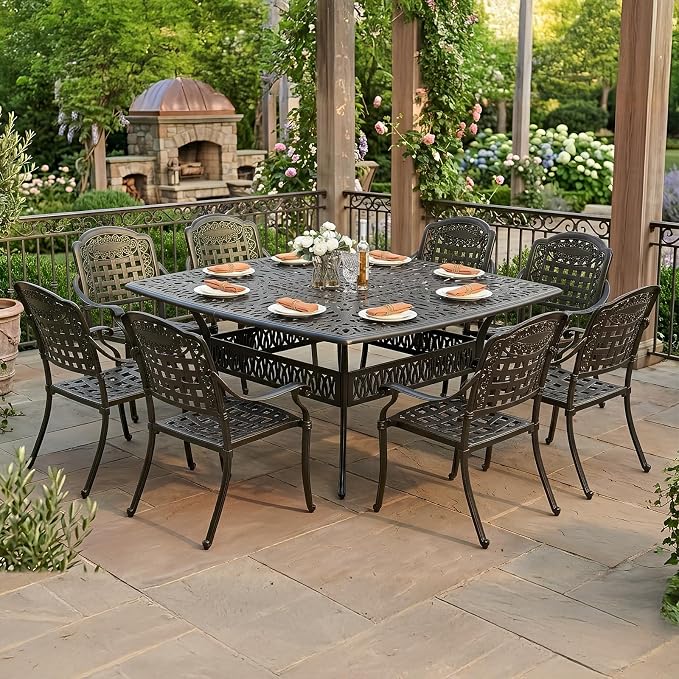 VIVIJASON 9-Piece Outdoor Dining Set, Cast Aluminum Retro Patio Furniture Table and Chairs Set for 8, Include Large 64" Square Dining Table and 8 Chairs with Umbrella Hole for Balcony Garden