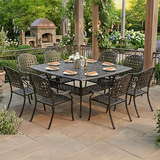 VIVIJASON 9-Piece Outdoor Dining Set, Cast Aluminum Retro Patio Furniture Table and Chairs Set for 8, Include Large 64" Square Dining Table and 8 Chairs with Umbrella Hole for Balcony Garden