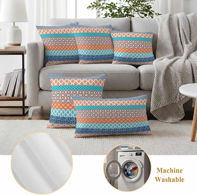 Geometric Bohemia Outdoor Pillow Covers Set of 2 Stripes Orange Turquoise and Blue Waterproof Throw Pillow Cover Decorative Cushion Cases for Patio Porch Garden 18X18 Inch