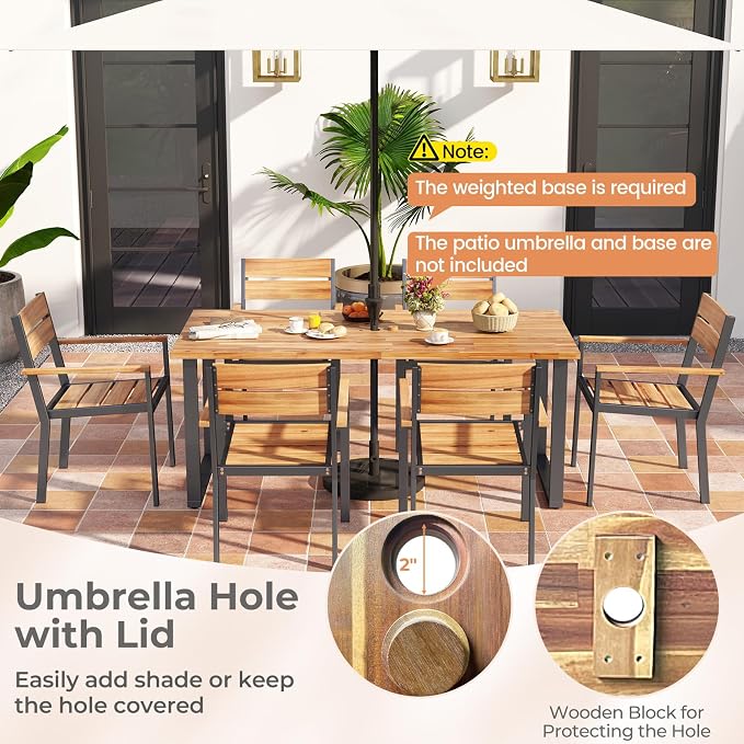 HAPPYGRILL 7 Pieces Acacia Wood Patio Dining Set with Metal Frame, Space-Saving Outdoor Furniture Set with 6 Stackable Armchairs and 63” Rectangular Table with 2” Umbrella Hole for Garden, Deck, Yard
