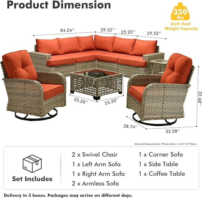 HOOOWOOO Sectional Patio Furniture Set with Swivel Chairs,9 Pieces Wicker Outdoor Furniture L Shaped Couch,Outside Conversation Set with Extra Deep Seat Sofa Wide Arm Solar Light Table,Brick Red