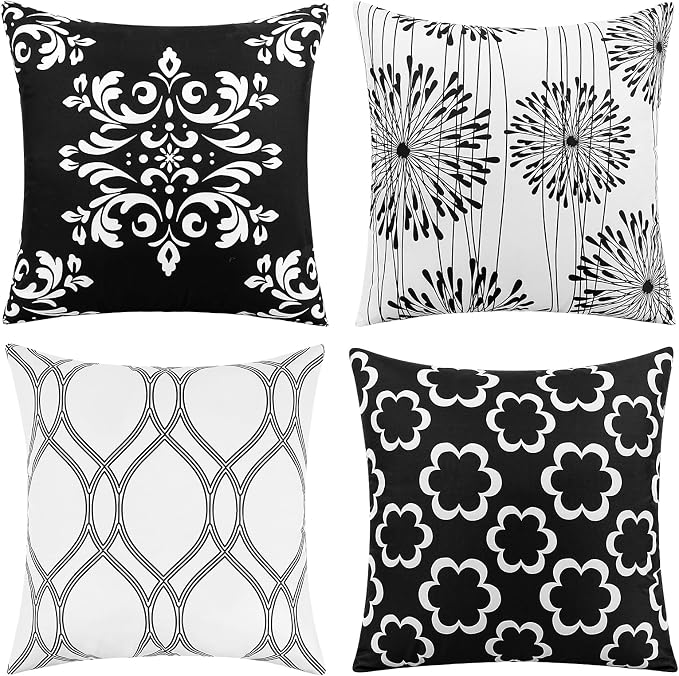 Adabana Outdoor Waterproof Floral Pillow Covers 18x18 Set of 4, Black | Waterproof Fabric Floral and Stripe Design for Patio, Couch, Garden Decor