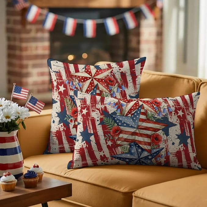 Independence Day Outdoor Pillow Covers 16"x16" Set of 2, Retro American Flag Star Red Flower Abstract Country Waterproof Throw Pillow Covers for Patio Furniture, Decorative Cushion Covers for Porch