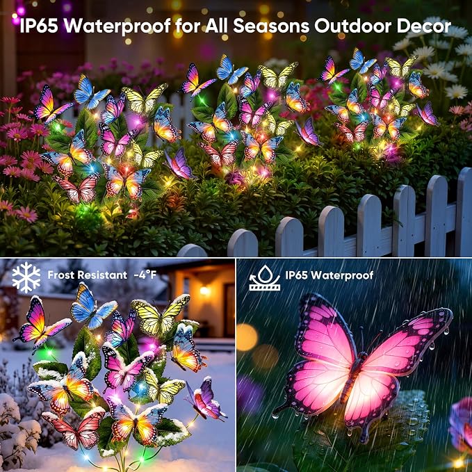 Solar Lights Outdoor Garden Decor: 8 Pack 136 Silk Butterflies with 176 Color-Changing LEDs - Auto On/Off 12H Magical Lighting IP65 Waterproof for Yard Patio Pathway - Unique Gifts for Mom Grandma