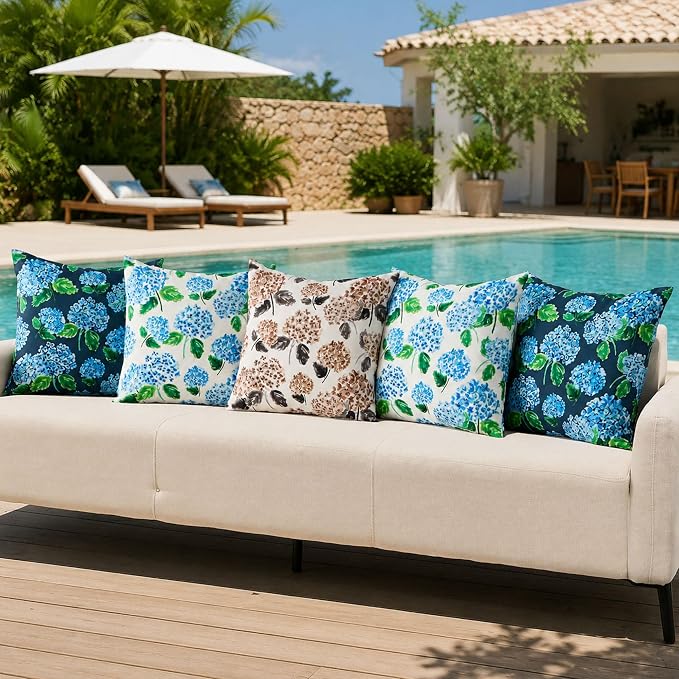 DFXSZ Outdoor Pillow Covers 20x20 Inch Set of 2 Blue Hydrangea Decor Waterproof Throw Pillow Covers Spring Summer Outdoor Waterproof Pillowcases Decor for Patio Funiture Garden Sofa Couch 026A20