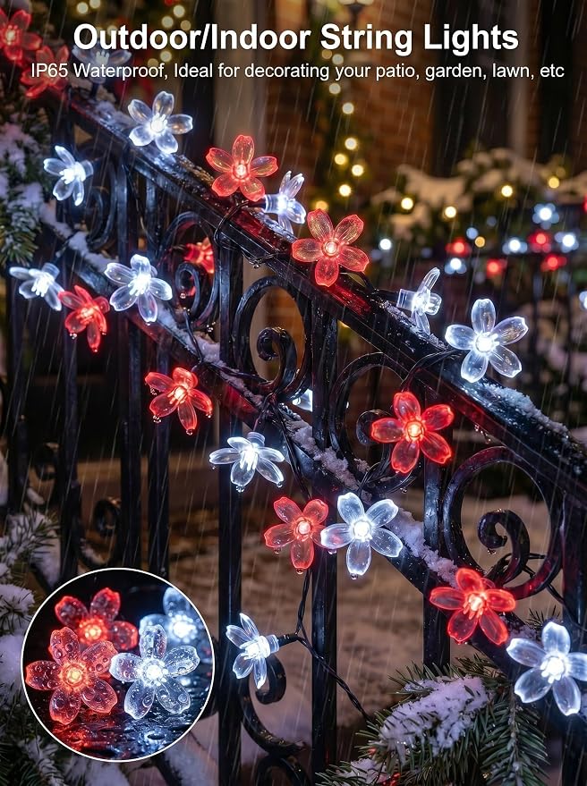ITICdecor Solar Flower String Lights Outdoor Waterproof 50 LED Solar Powered Fairy Lights for Garden, Fence, Patio, Yard, Christmas Tree & Party Decor(Red&White)