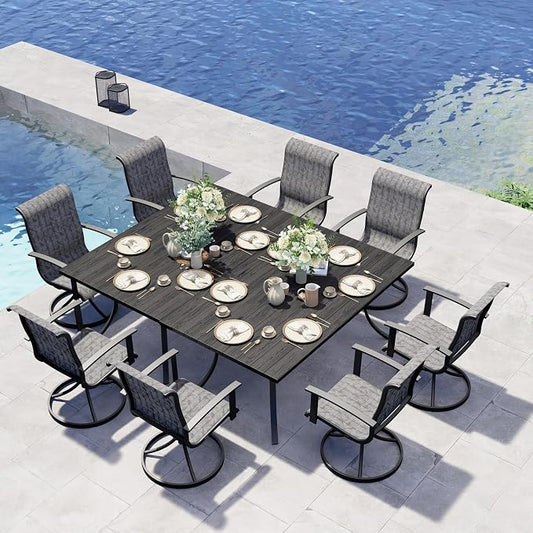 Grand patio 10-Piece Patio Dining Set for 8, Outdoor Dining Set with Swiviel Patio Chairs & 1 Rectangular Woodgrain Dining Table with Umbrella Hole, Black & Grey Plaid
