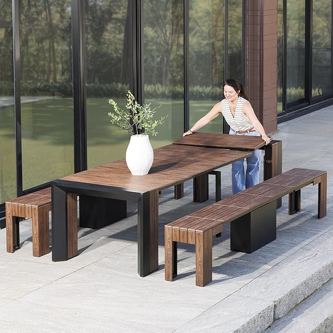 Transformer Table - Extendable Outdoor Dining Set up to 12, Expandable Patio Table, Weather-Resistant Patio Furniture, Outdoor Furniture, Dark Walnut, Brown (Table + 2 Benches)