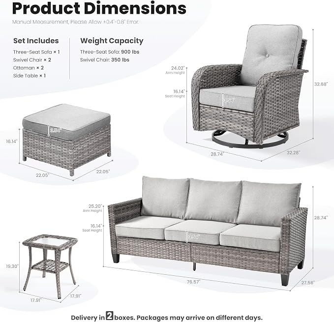 ovios 6 Pieces Patio Furniture Set, Outdoor Wicker Sofa Couch with Swivel Glider Chairs Comfy Cushions, Modern Deep Seat Rattan Conversation Sets for Deck Porch, Dark Grey