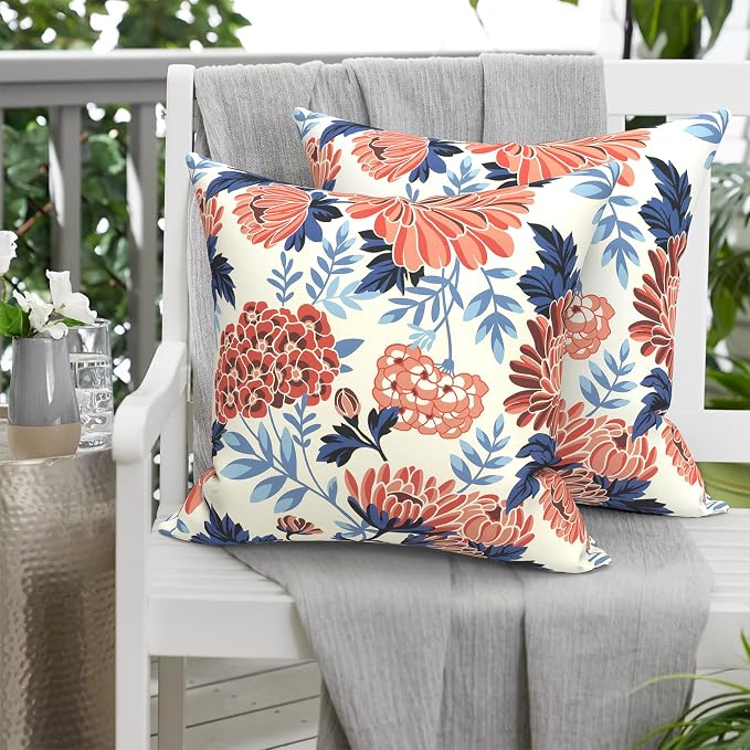 Pack of 2 Patio Throw Pillow Covers ONLY, Water Repellent Cushion Cases 20x20 Inch, Square Pillowcases for Outdoor Couch Decoration, Red Chrysanthemum