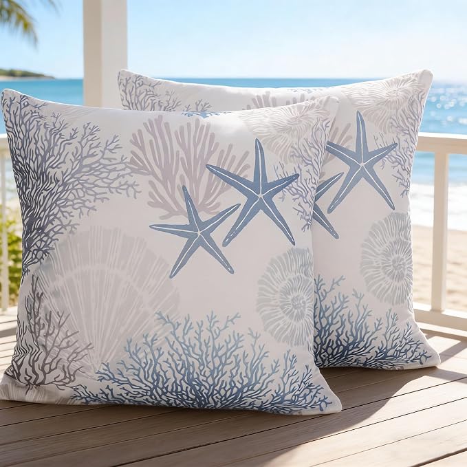 cygnus Coastal Outdoor Pillow Covers 18x18 inch Waterproof Conch Seashell Coral Satrfish Beach Summer Nautical Throw Pillow Covers for Patio Furniture Garden Bench Porch Sofa Couch Set of 2