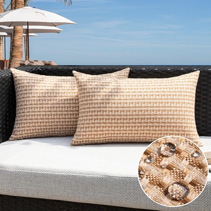 Kevin Textile Outdoor Waterproof 12"x24" Pillow Covers 2 Pack, Light Brown | Water Resistant Weaving Faux Linen Texture Throw Pillow Covers, Outside Decorative Pillowcases for Garden Patio Balcony Couch
