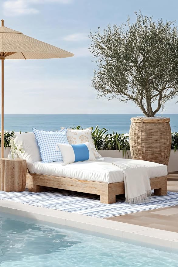 Hofdeco Premium Coastal Hampton Patio Indoor Outdoor Lumbar Pillow Cover Only, 12"x20" Water Repellent for Backyard, Couch, Poolside, Azure Blue Print Color Block