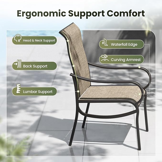 PHI VILLA 8 Pcs Outdoor Dining Set with 13ft Umbrella, Mesh Dining Chairs | 60'' wood-look rectangular table, 6 patio textilene chairs and 13ft beige umbrella(NO BASE) for deck, garden, backyard