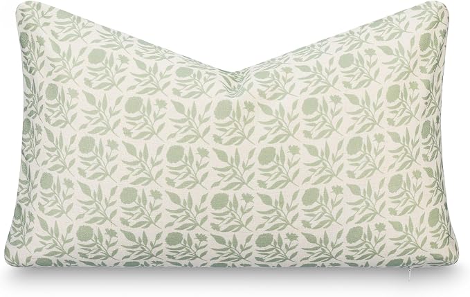 Modern Farmhouse California Casual Indoor Outdoor Lumbar Pillow Cover, 12"x20" Water Repellent for Patio, Backyard, Couch, Light Green Print Floral and Leaves Geometric
