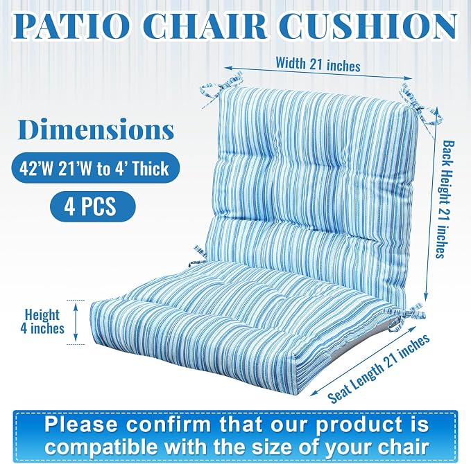 Marsui 4 Pcs Outdoor Indoor High Back Chair Cushions Patio Furniture Tufted Pillow with Ties Water-Resistant Replacement Outdoor Rocking Chair Cushions, 42 x 21 Inches (Blue Stripes,Stripes)