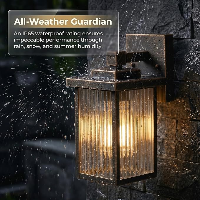 2 Pack Black Brush Gold Porch Light, Waterproof Outdoor Wall Light | Corrosion-Resistant Metal, Waterproof, Textured Glass Cuts Glare, Easy DIY Install on Porch, Garage