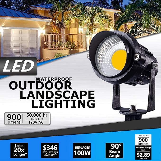 SUNVIE 120V Spot Lights Outdoor LED Landscape Lighting 12W AC Spotlights for Yard Waterproof Landscape Spotlight with Spiked Stake for Tree Garden Pathway Warm White Flag Lights US 3-Plug in, 4 Pack