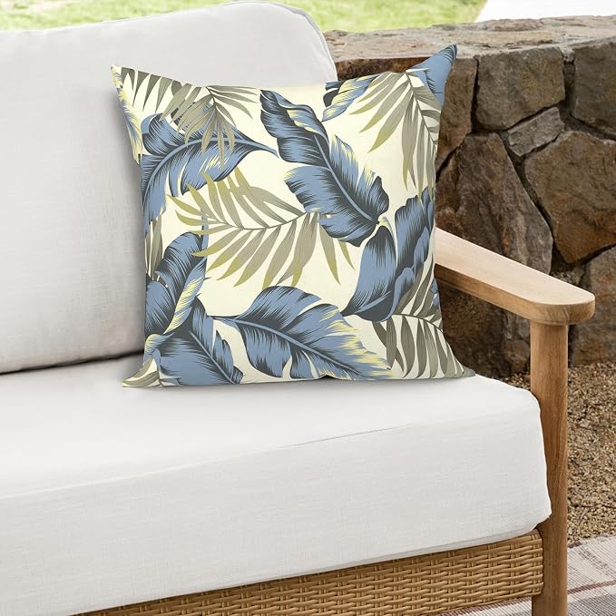 Outdoor Throw Pillows 16x16 Inch, Water Repellent Patio Pillows with Inners Set of 2 for Patio Furniture Home Graden, ‌Lush Palm Blue