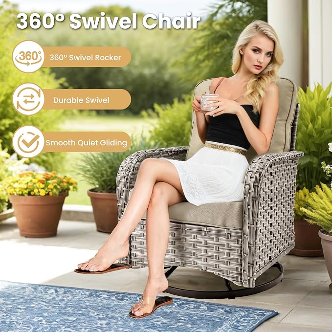 HOOOWOOO 8 Pieces Patio Furniture Set,L Shaped Outdoor Sectional Couch with Swivel Chiars Solar Table, Pe Wicker All Weather Outside Conversation Sofa Ottoman Set,Beige